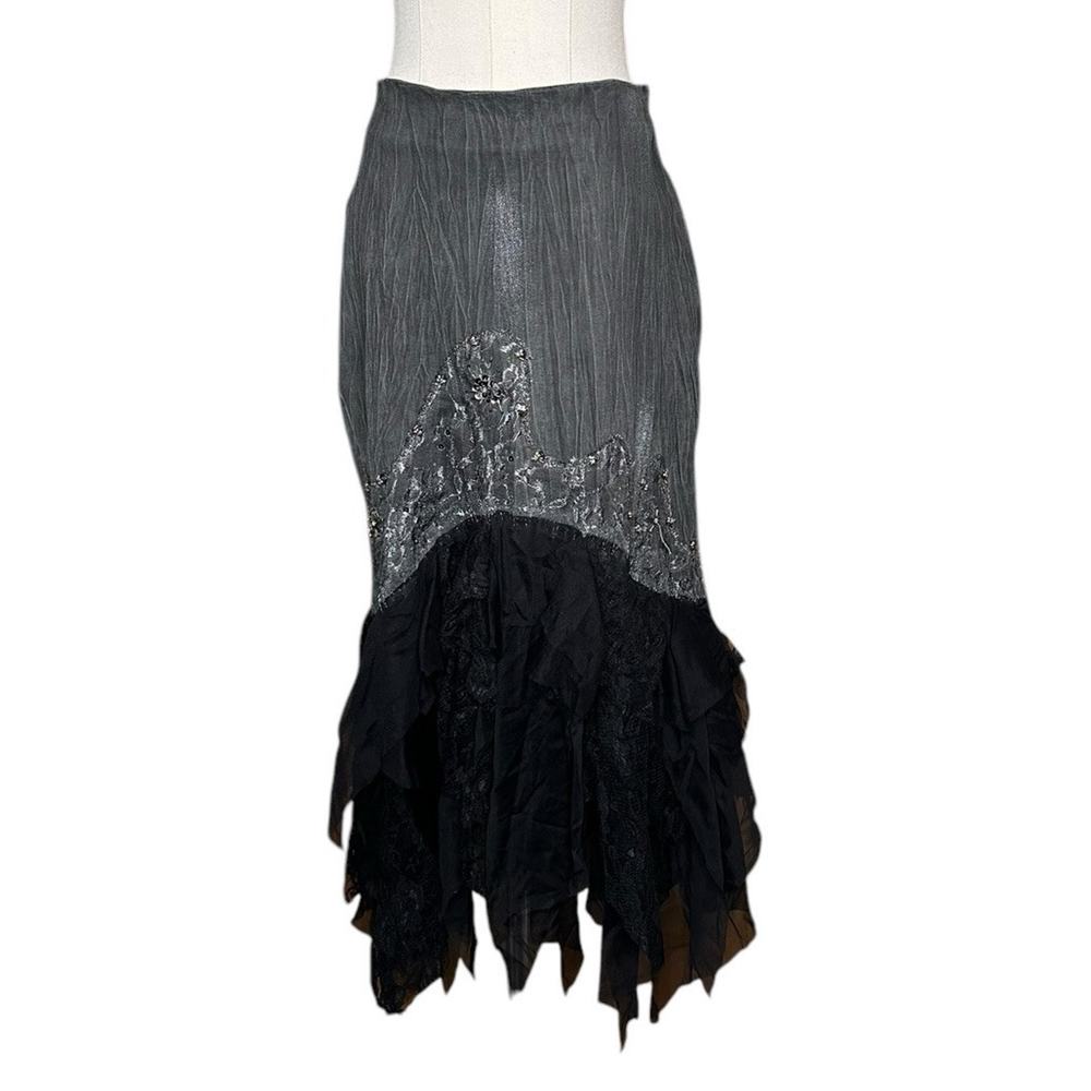 Chagall Gray Black Lace Ruffle Bead Sequin Embellished Cocktail Party Skirt Sz 6